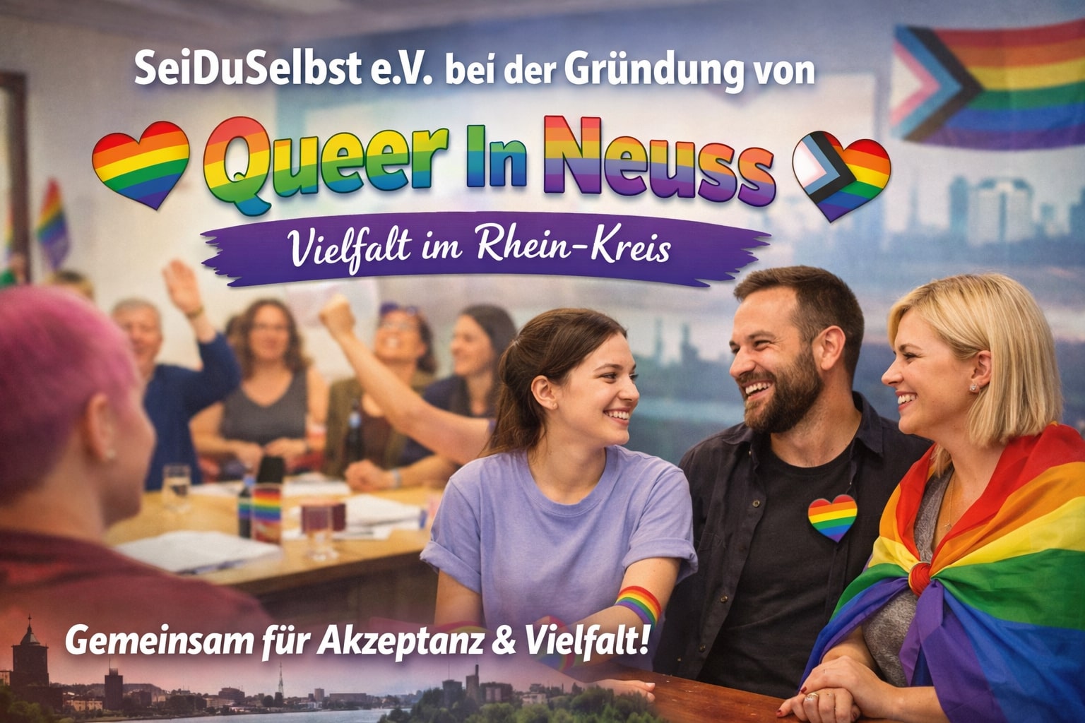 SeiDuSelbst e.V. bei der Gründung von Queer in Neuss – Vielfalt im Rhein-Kreis Neuss: Menschen sitzen gemeinsam an einem Tisch, lachen und tauschen sich aus, im Hintergrund Regenbogenfahnen als Symbol für queere Vielfalt und Zusammenhalt.